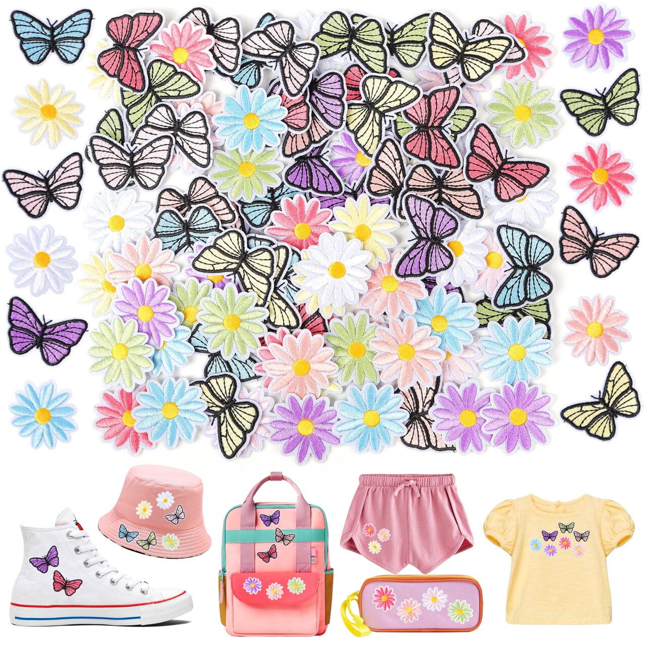 Flower Iron on Patches for Clothing: 90pcs Multicolor Cute Daisy Flower Applique Patches Sew on Backpacks - Butterfly Embroidered Patches for Jeans Jackets Tote Bags Hats
